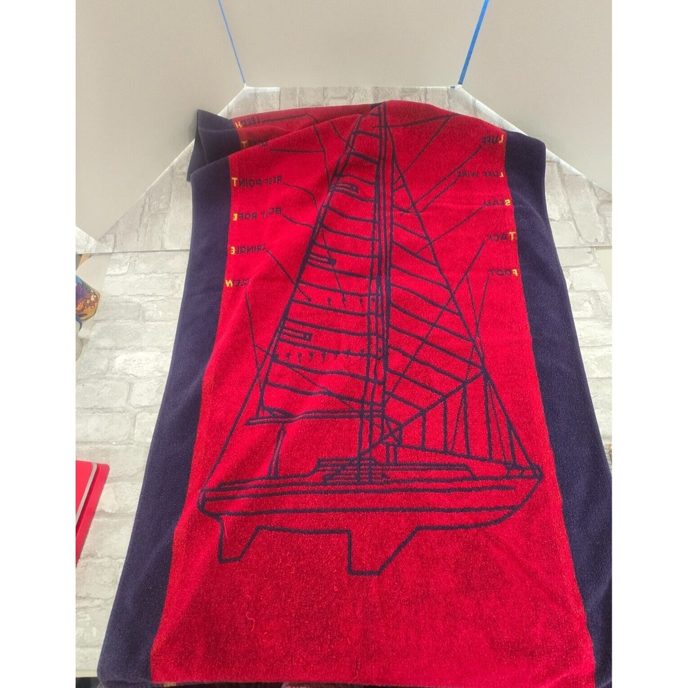 x2 Vtg KEL-TEX Schlosser Beach Towels Sailing Parts DIagram 80s 55x31 Red Blue